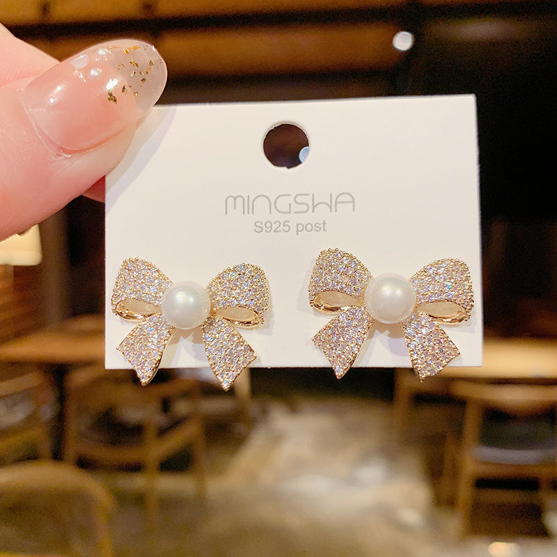 Crystal Bow Pearl Studs