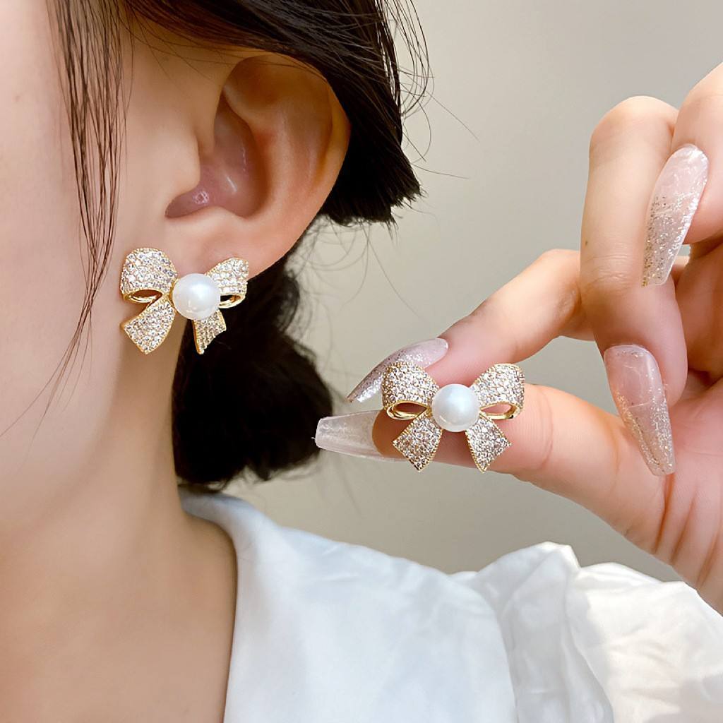 Crystal Bow Pearl Studs